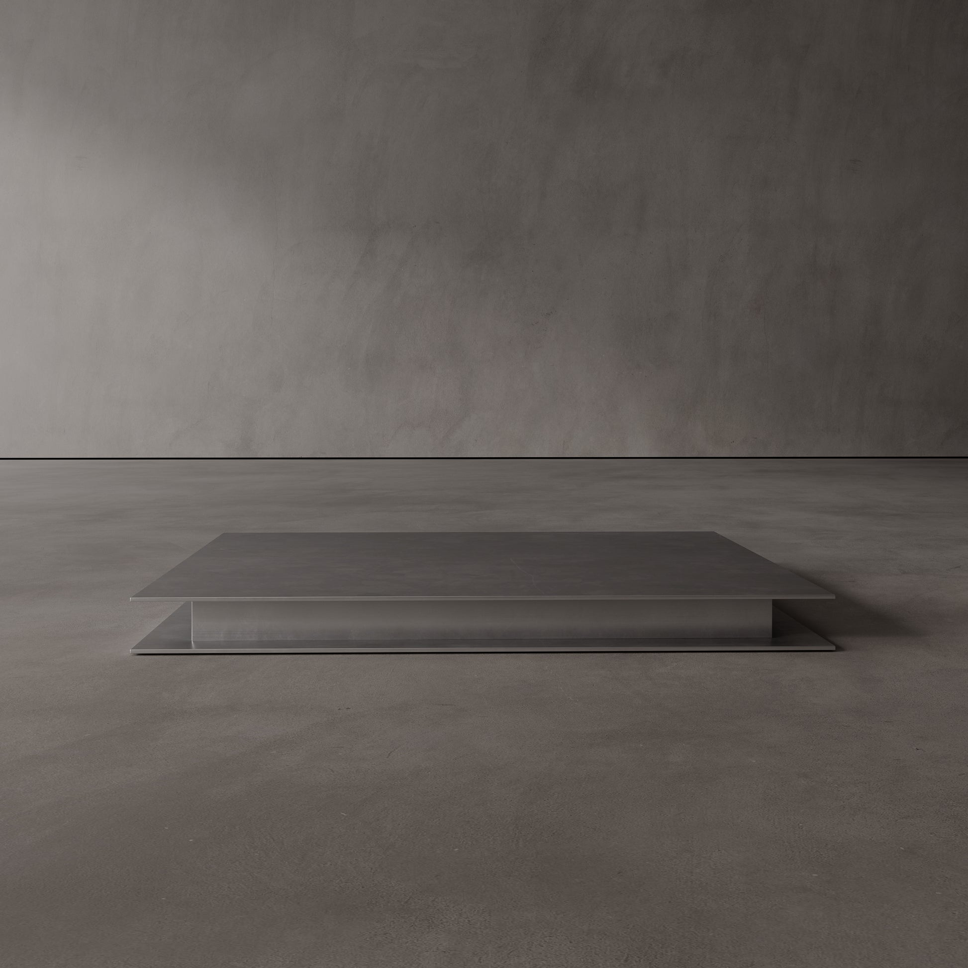 square coffee table in metal  pictured in a gray room