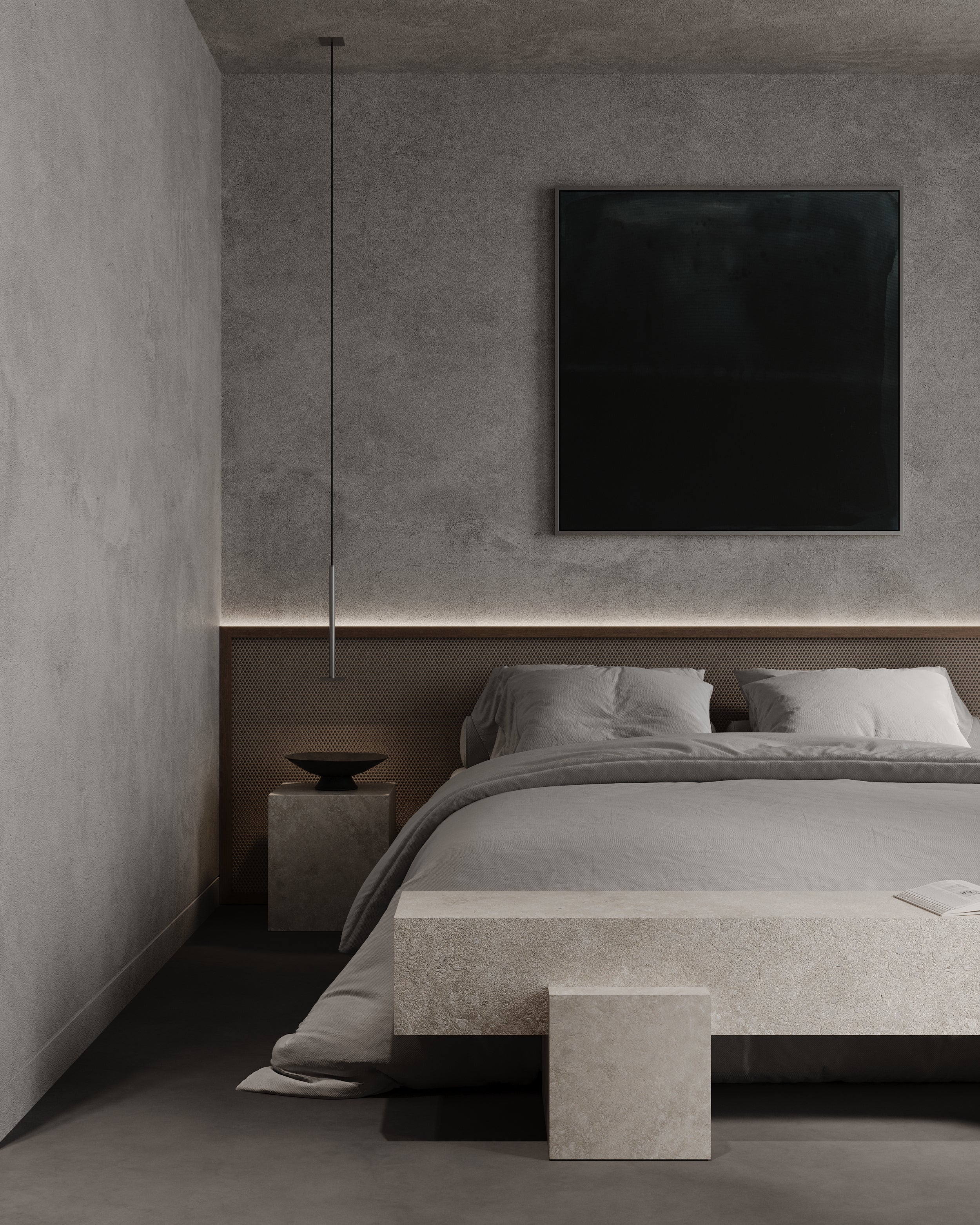 Modern bedroom with concrete walls, bed and bespoke lighting, designed by Antic Studio