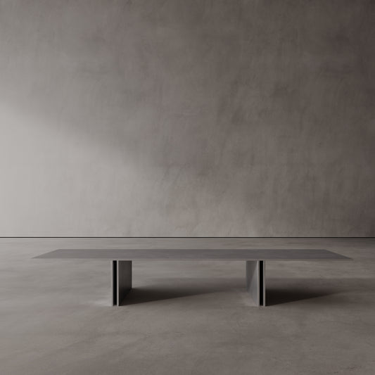 Long, thin stainless steel coffee table against a plain wall.